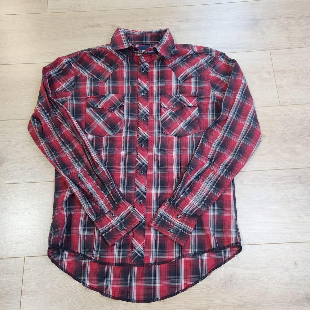 Wrangler Western Shirt Mens Medium Red Plaid Snap Long Sleeve Cowboy Casual